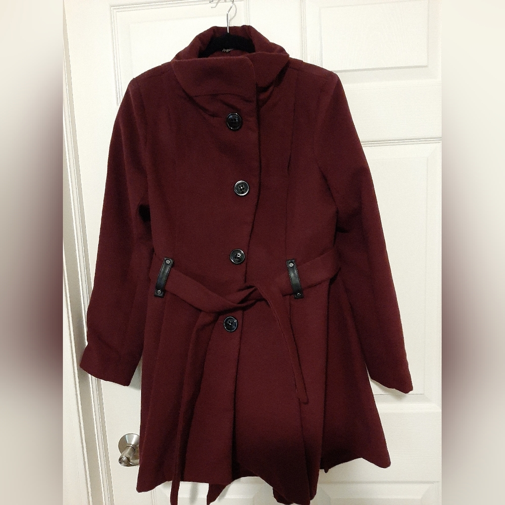 Steve Madden Burgundy Button-Up Coat with Belt, Size Large